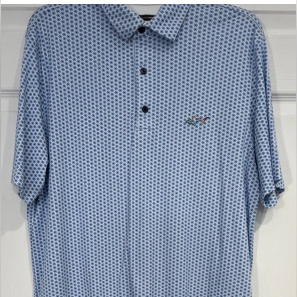Greg Norman Geometric Blue White Polo Shirt Men's L Short Sleeve Golf Outdoor